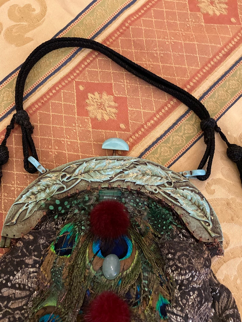 Sac à main vintage 1920 Peacock pièce unique insolite steampunk art deco upcycling surcyclage sac mariage cadeau pour elle image 3