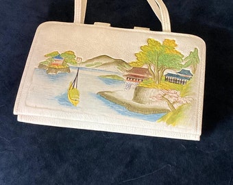 Pochette da sera vintage in pelle Art Déco "Souvenir of Japan", raro e insolito regalo di nozze giapponese per lei