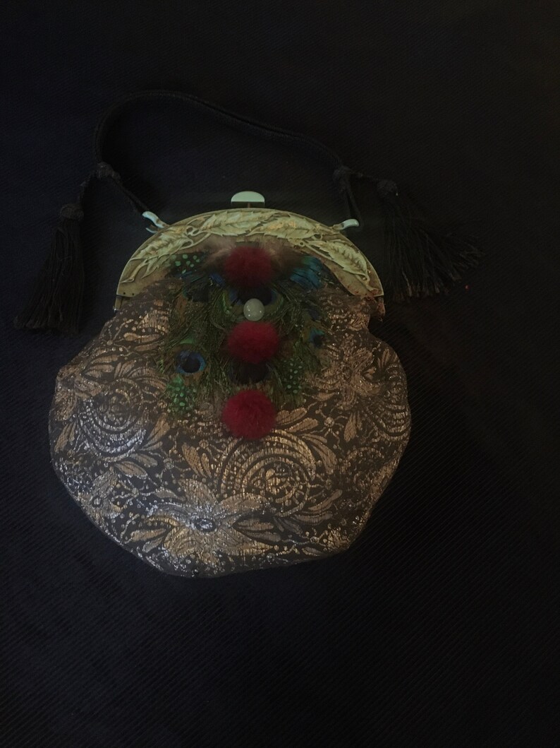 Sac à main vintage 1920 Peacock pièce unique insolite steampunk art deco upcycling surcyclage sac mariage cadeau pour elle image 6