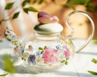 Handmade Pressed Flower Glass Teapot, Botanical Encased Teaware, Eco Friendly Artisan Gift