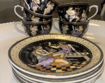 Vintage Greek Demitasse Cups and Saucers, 24k Gold Accents
