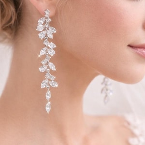 Pendientes de novia de cristal Pendientes largos de boda Joyas de boda Pendientes de novia de plata