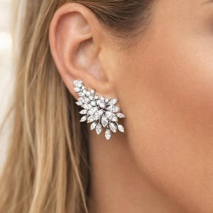 Può includere: Un orecchino scintillante con pietre preziose bianche dal design floreale. L'orecchino è composto da più pietre piccole e trasparenti disposte a grappolo, creando un effetto abbagliante. Indossato sull'orecchio di una persona con i capelli biondi.