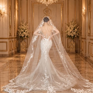 what veil goes with a mermaid dress Bohemian Ivory Off-the-Shoulder Sheer Lace Mermaid Wedding Dress with Veil SW176