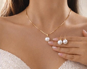 Pearl Bridal Jewelry Set Necklace Earrings, Bridesmaid Jewelry Gift, Elegant Wedding Jewelry Set, Simple Pearl Necklace Set for Bride