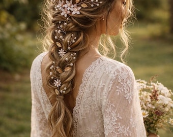 Romantic Gold Silver Floral Bridal Hair Vine Pearl Crystal Wedding Headpiece Boho Elegant Accessory