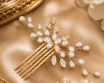 Gold Perle Braut Haarkamm, Kristall Hochzeit Haarteil, elegante Braut Haarschmuck, Perle Strass Haarnadel, Braut Kopfschmuck Geschenk