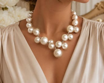 Luxury Oversized Pearl Statement Necklace, Bridal Pearl Choker, Elegant Wedding Jewelry, Chunky Pearl Necklace for Bride, Glamorous Pearl