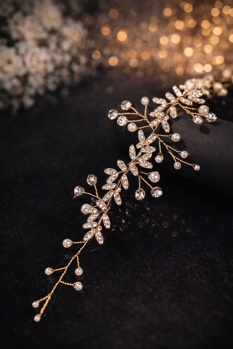 Handmade Bridal Crystal Hair Vine Silver Wedding Headpiece Pearl Leaf Crown Romantic Bride Hair Accessory