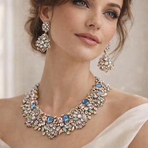 Pode incluir: Uma mulher usando um colar brilhante e brincos combinando. As joias apresentam uma variedade de pedras preciosas coloridas, incluindo cristais azuis, rosa e transparentes. O colar é uma peça marcante.