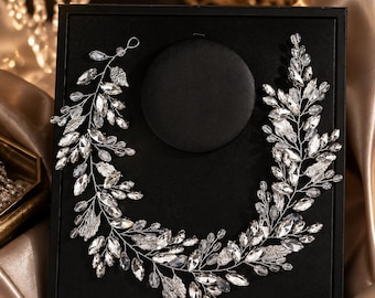 Tocado nupcial de cristal de lujo, diadema nupcial de hojas plateadas, corona de diamantes de imitación, diadema nupcial bohemia, accesorio para el cabello de graduación, regalo para damas de honor