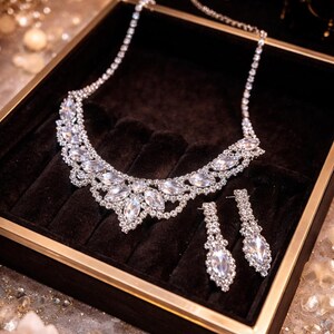 May include: A silver necklace and matching earrings set presented in a dark brown jewellery box. The necklace and earrings are embellished with clear, faceted crystals, creating a glamorous and elegant look. The jewellery box has a gold trim.