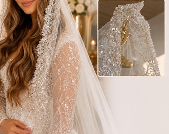 Luxuriöser, perlenbesetzter Brautschleier mit Kamm, Perlen- und Pailletten-Hochzeitsschleier, Kathedralen-Hochzeitsschleier, funkelnder Brautschleier, eleganter Schleier mit Spitzenrand, Braut