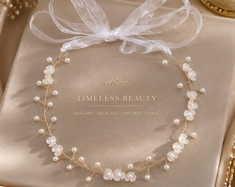 Luxury Pearl Floral Bridal Headband, Wedding Hair Vine Crown, Adjustable Ribbon Hair Accessory Bridesmaid Halo Headpiece