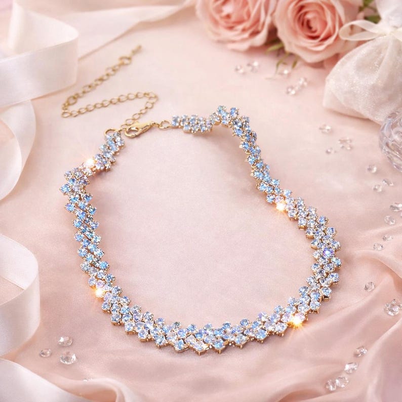 Gold Tennis Necklace for Women, Cubic Zirconia Diamond Look Necklace, Bridal Wedding Jewelry, Elegant Anniversary Gift