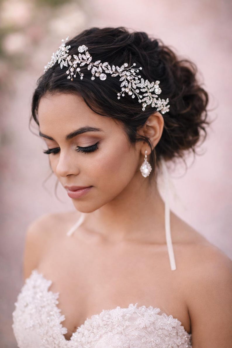 Handmade Bridal Crystal Hair Vine Silver Wedding Headpiece Pearl Leaf Crown Romantic Bride Hair Accessory