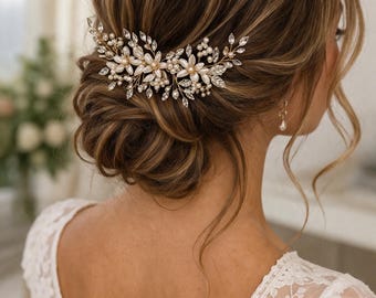 Gold Pearl Bridal Hair Comb, Crystal Wedding Hair Piece, Floral Leaf Bridal Headpiece, Gold Wedding Hair Accessory, Bride Hair Clip