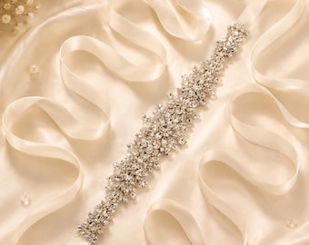 Satin Floral Crystal Ribbon Belt in Champagne Gold Crystal Bridal Belt on Champagne Satin Ribbon | Wedding  main image 2