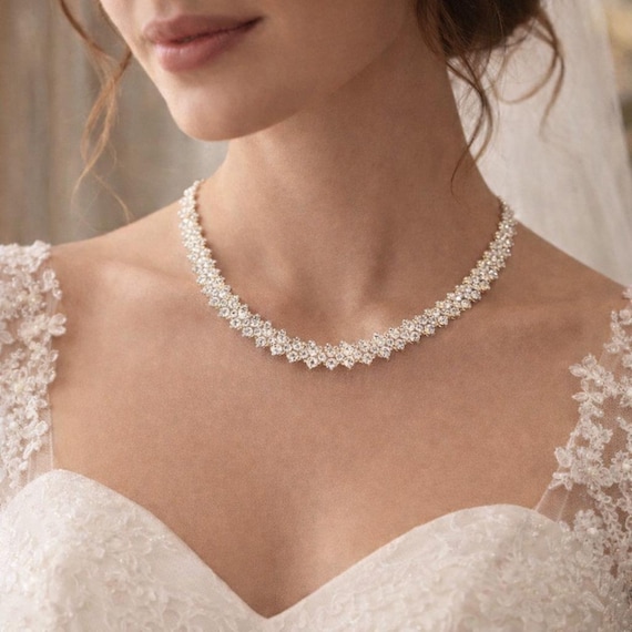 Gold Tennis Necklace for Women, Cubic Zirconia Diamond Look Necklace, Bridal Wedding Jewelry, Elegant Anniversary Gift