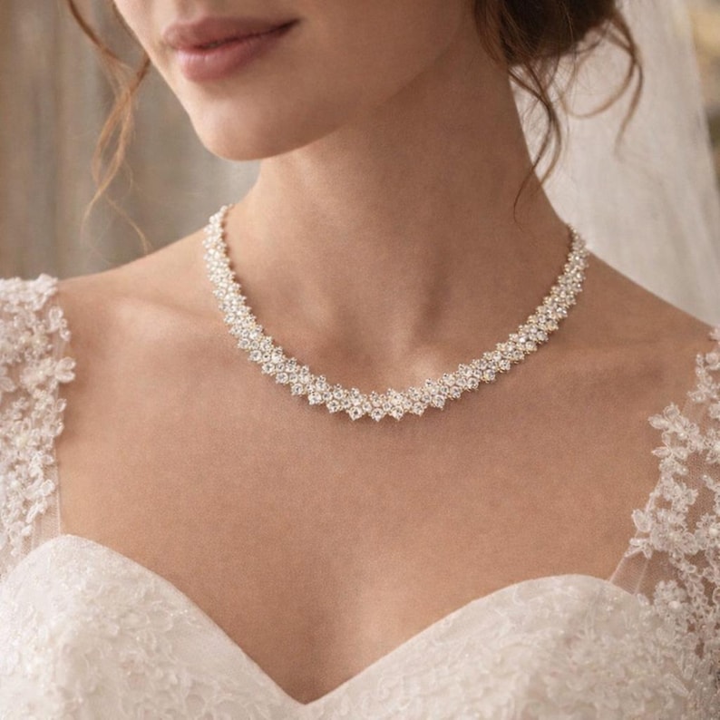 Gold Tennis Necklace for Women, Cubic Zirconia Diamond Look Necklace, Bridal Wedding Jewelry, Elegant Anniversary Gift