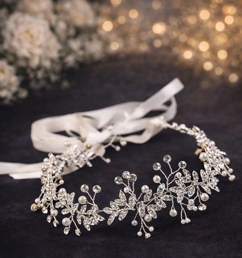 Handmade Bridal Crystal Hair Vine Silver Wedding Headpiece Pearl Leaf Crown Romantic Bride Hair Accessory