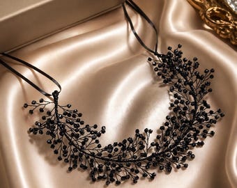 Black Bridal Headpiece, Black Crystal Hair Vine, Halloween Wedding Crown, Beaded Bridal Halo, Dark Romantic Hair Accessory, Prom Head Gothic