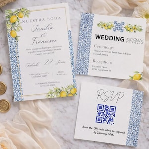 May include: Wedding invitation suite featuring lemon and blue tile designs. The invitation cards include details for the ceremony and reception, along with an RSVP card with a QR code. The text includes the names "Tandra & Francisco".