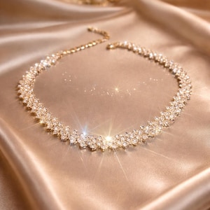 Gold Tennis Necklace for Women, Cubic Zirconia Diamond Look Necklace, Bridal Wedding Jewelry, Elegant Anniversary Gift