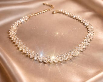 Bridal Tennis Necklace, Cubic Zirconia Wedding Necklace, Gold Crystal Bridal Jewelry, Wedding Day Necklace, Bridesmaid Gift,Anniversary Gift
