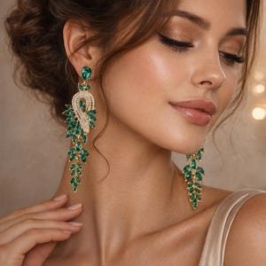 Könnte beinhalten: Elegante, lange Ohrringe in Smaragdgrün und Gold. Die Ohrringe haben einen tropfenförmigen grünen Stein oben, mit einem gold- und kristallverzierten Design. Sie haben ein kaskadierendes, blattartiges Design mit grünen Steinen.