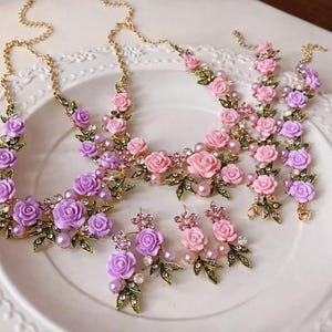 Pink Lavender Floral Jewelry Set, Bridal Rose Necklace Earrings, Romantic Wedding Statement Gift