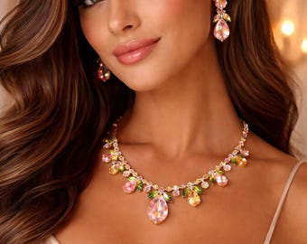 Colorful Crystal Necklace and Earrings Set, Floral CZ Statement Jewelry, Elegant Gift for Her