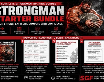 May include: A digital Strongman Starter Bundle featuring a training guide, an 8-week peaking program, a fitness and nutrition printable toolkit, and strategy flashcards. The graphic includes text, icons, and a muscular athlete lifting a stone.