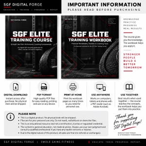 Könnte beinhalten: Zwei digitale Produktcover mit den Titeln SGF Elite Training Course und SGF Elite Training Workbook, die schwarz-weiße Bilder von Hantelscheiben zeigen. Das Layout enthält Text mit Angaben zum digitalen Download und zur Nutzung.