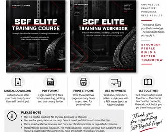 May include: Two digital product covers titled SGF Elite Training Course and SGF Elite Training Workbook, featuring black and white imagery of weight plates. The layout includes text detailing digital download, PDF format, and usage instructions.
