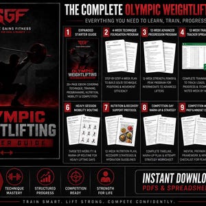 May include: A digital training package titled The Complete Olympic Weightlifting System by Swole Gains Fitness. It includes ten resources: a starter guide, technique and progression programs, a training tracker, mobility routines, and nutrition plans.