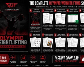 May include: A digital training package titled The Complete Olympic Weightlifting System by Swole Gains Fitness. It includes ten resources: a starter guide, technique and progression programs, a training tracker, mobility routines, and nutrition plans.