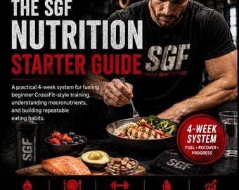 May include: A digital guide titled The SGF Nutrition Starter Guide by Swole Gains Fitness. The cover features a person eating a meal of chicken, broccoli, and rice, with text detailing a 4-week system for fueling training and building eating habits.