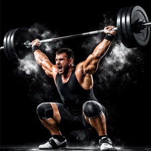 May include: A weightlifter in a squat position, lifting a barbell overhead. The image features the text "OLYMPIC WEIGHTLIFTING STARTER GUIDE" and "From Beginner to Competition Ready". The text "Swole Gains Fitness (SGF) Built for Real Strength" is at the bottom of the image.