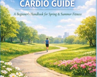 May include: A book cover with the title "SGF OUTDOOR CARDIO GUIDE" against a blue sky background. The subtitle reads "A Beginner's Handbook for Spring & Summer Fitness." The image shows a person running on a path through a park with flowers and trees.