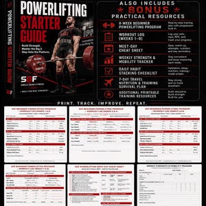 Puede incluir: Un documento digital titulado Your Complete Powerlifting Starter Pack que incluye un programa de entrenamiento de 8 semanas, registros de ejercicios, una hoja de trucos para competiciones, un rastreador de fuerza y movilidad y un plan de nutrición.