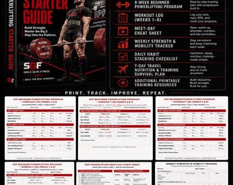 May include: A digital document titled Your Complete Powerlifting Starter Pack featuring an 8-week training program, workout logs, a meet-day cheat sheet, a weekly strength and mobility tracker, a daily habit stacking checklist, and a travel nutrition plan.