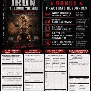 Può includere: Un ebook di 55 pagine intitolato Iron Through the Ages: The History of Weightlifting, con illustrazioni di sollevatori di pesi. Include risorse pratiche bonus: tracker della forza, panoramica dei progressi, checklist e piano di viaggio.