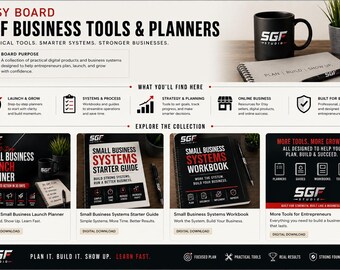 May include: An informational graphic titled SGF Business Tools & Planners featuring a collection of digital business resources. It displays a black mug, a spiral notebook, and four distinct product cards for planners, guides, and workbooks for entrepreneurs.