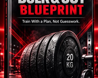 May include: A book cover titled SGF BULK & CUT BLUEPRINT with the subtitle Train With a Plan, Not Guesswork. The cover features a large black 20 KG weight plate in a gym setting with red lighting accents and the SGF Swole Gains Fitness logo.