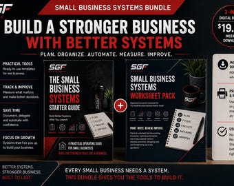 May include: A digital bundle titled Small Business Systems featuring a starter guide and a worksheet pack. The graphic includes text such as Build a Stronger Business with Better Systems, Plan, Organize, Automate, Measure, Improve, and icons for tools.