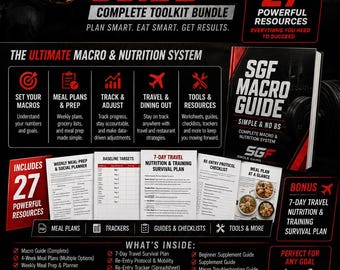 May include: A digital SGF Macro Guide toolkit bundle featuring 27 resources including meal plans, trackers, PDF printables, and spreadsheets. The promotional graphic displays a comprehensive nutrition planning system with text detailing guides, checklists, and travel survival plans for fitness tracking.