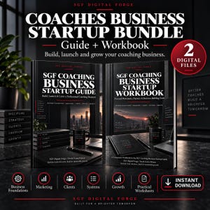 Puede incluir: Un paquete de inicio de negocios para coaches que incluye una guía y un libro de trabajo de SGF Digital Forge. Las portadas negras muestran texto en blanco, incluyendo títulos y temas empresariales como marketing, clientes y crecimiento. Un círculo rojo indica 2 archivos digitales.