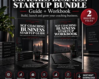 May include: A Coaches Business Startup Bundle featuring a guide and workbook by SGF Digital Forge. The black covers display white text, including titles and business themes like marketing, clients, and growth. A red circle indicates 2 digital files.