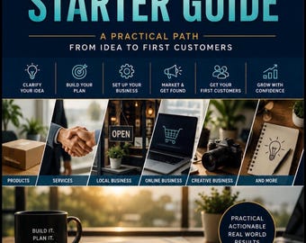 May include: A guide titled The Small Business Starter Guide: A Practical Path From Idea To First Customers. It features icons for business steps, photos of products, services, and a desk with a black mug reading Build It. Plan It. Launch It. Grow It.